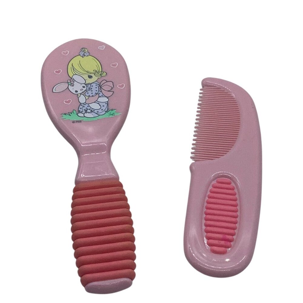 Vtg Precious Moments Little Girl Bunny Baby Brush Comb Set Pink PMI